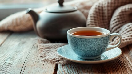 A cup of hot tea with a teapot, sitting on a cozy wooden table