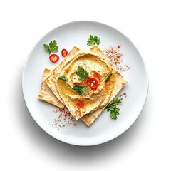 Delicious Hummus with Pita Bread, Parsley, and Chili Flakes on White Plate