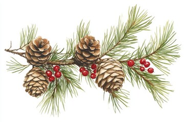 Fototapeta premium On a white background, watercolor-painted ornaments adorned tree branches. Branches, sprigs with red berries, and fir cones