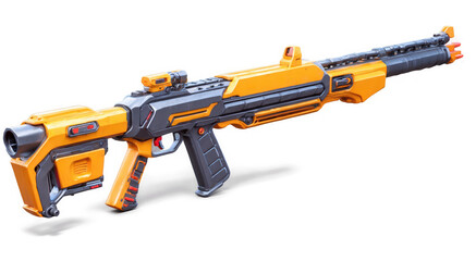 Orange Gray Toy Gun Isolated. Sci Fi Blaster with Red Details on Transparent PNG Background. Future Weapon Concept, Isolated.