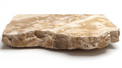 A stunning travertine stone tabletop with a matte finish, displaying natural pores and warm earthy tones, isolated on a white background. 