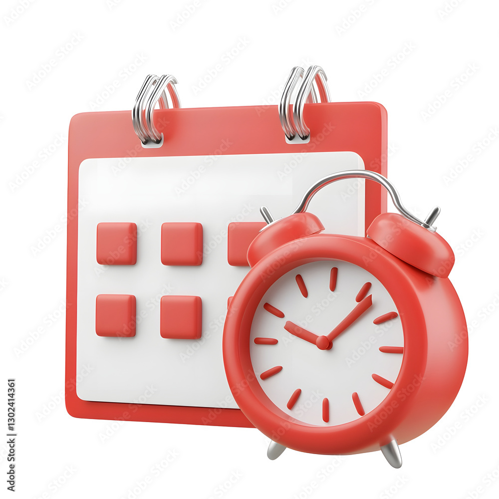 Fototapete Sleek and modern 3D rendered digital of a red and white desk calendar with metallic rings and raised square date markers accompanied by a red analog clock symbolizing scheduling time management