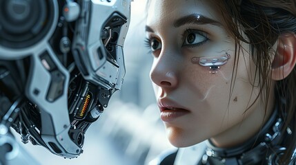 "Human-Robot Interaction Close-Up &ndash; Detailed Futuristic Design with Glowing Elements on White Background"