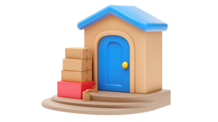 Sleek 3D depicting a stylish blue front door with a neatly stacked cardboard package on the doorstep symbolizing efficient online orders and fast shipping for e commerce retail