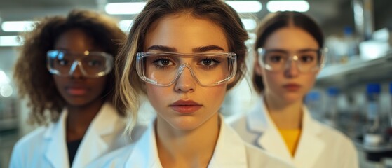 Three diverse young women scientists in lab coats and safety glasses, conducting research in a modern laboratory Concept of teamwork, science, and healthcare