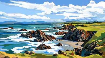 Seascape Painting Ocean Waves Crashing on Rocky Coastline