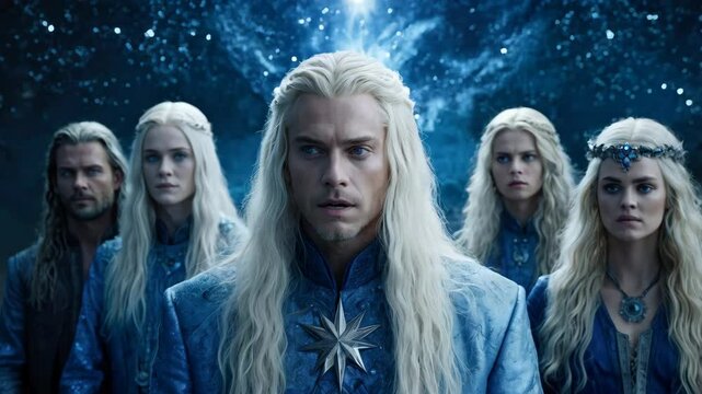 A group of Pleiadians, beautiful ethereal light beings and lightworkers, in a mystical and otherworldly atmosphere