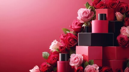 A vibrant tableau of cosmetic packaging, sleek and modern, adorned with a cascade of elegant roses, ready to capture hearts and entice customers this Valentine is Day.