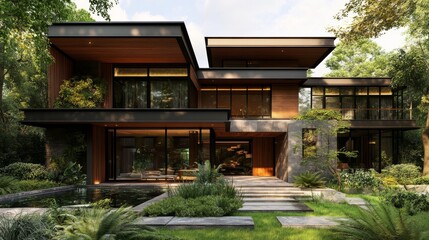 A modern two-story residence with gray and wood detailing, expansive windows, and a parking spot to the right, presented in a 3D rendering. The scene depicts a clear summer evening with welcoming