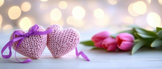 Fototapeta premium Two pink knitted hearts with purple ribbon and tulips on a white wooden surface, illuminated by bokeh lights Concept of love, romance, and Valentines Day