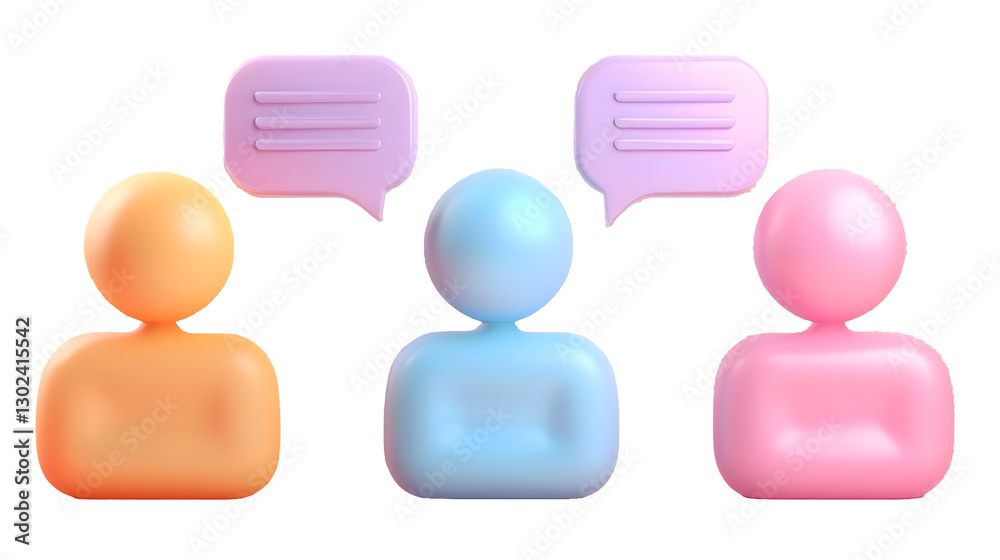 Poster visually engaging 3d featuring colorful people figures in a semi circle with speech bubbles represen