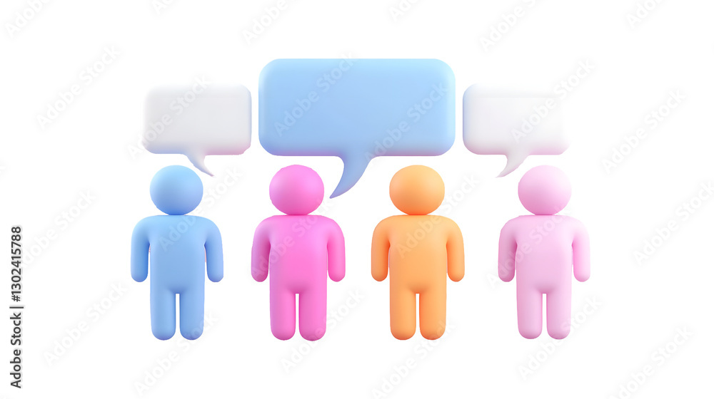 Poster Three friendly and colorful 3D cartoon characters standing together each having a floating speech bubble above them symbolizing open discussion  The clean