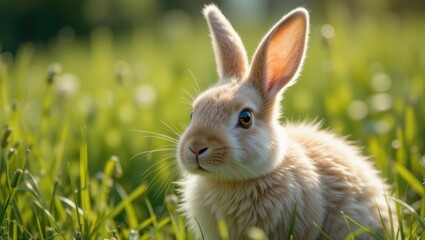 Fototapeta premium Close-Up of a Cute Fluffy Rabbit Sitting on Fresh Green Grass in Bright Sunshine