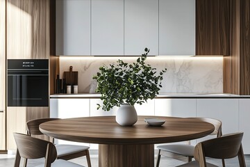 Modern Minimalist Kitchen Dining Room Interior Design with Wooden Table and Chairs