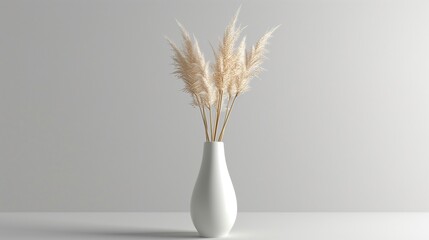 A tall white porcelain vase with a narrow neck, holding a dried pampas grass plume.