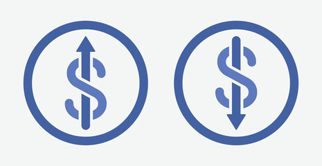Set of dollar vector icons with arrows pointing up and down in blue in outline art style. Dollar increase and decrease icon symbol. Vector illustration