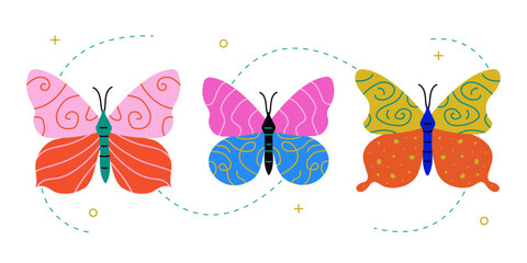 Butterfly vector set. Colorful butterfly with multi-colored pattern. Abstract pattern with geometric elements. Elegant flying insect. Vector illustration