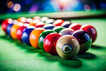 Colorful Billiard Balls on Green Felt Table - Copy Space
