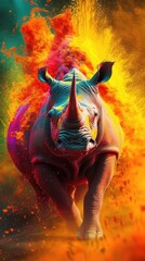 A Dynamic Rhinoceros in Motion Amidst a Vibrant Explosion of Colors