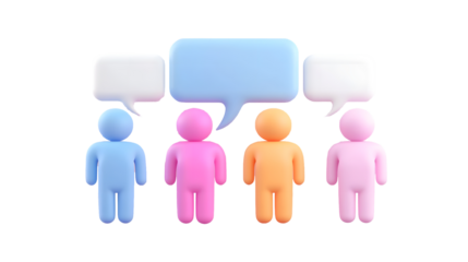 Three friendly and colorful 3D cartoon characters standing together each having a floating speech bubble above them symbolizing open discussion  The clean