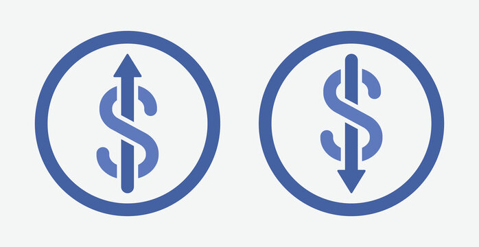 Set of dollar vector icons with arrows pointing up and down in blue in outline art style. Dollar increase and decrease icon symbol. Vector illustration