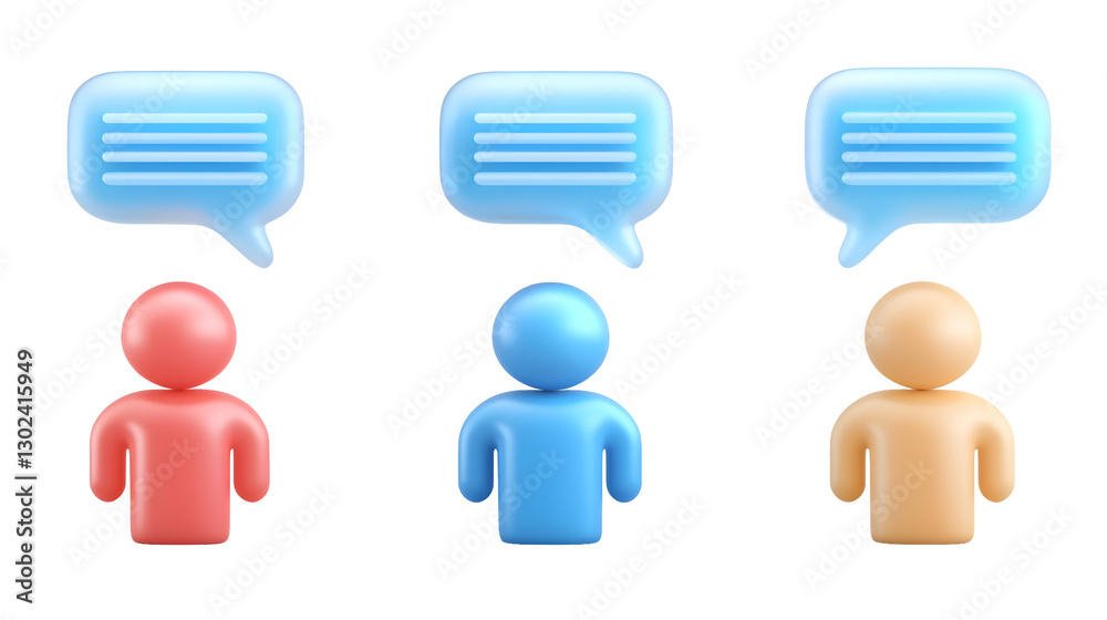 Aufkleber vibrant 3d rendered human figures in red blue and yellow each with a floating speech bubble above th