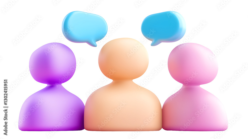 Poster Futuristic and Sleek 3D Composition Showcasing Three Uniquely Colored People Icons Each Engaged in a Conversation with Floating Speech Bubbles Above Them  This Represents Professional Networking