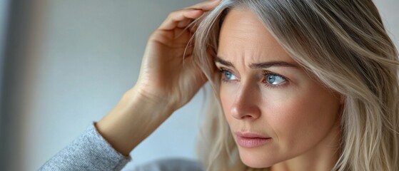 Fototapeta premium Thoughtful mature woman with graying blonde hair indoors, touching her head and looking away with concern Concept of aging, beauty, and hair care
