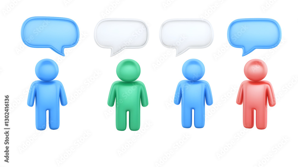 Aufkleber A 3D digital featuring three abstract humanoid figures in distinct colors representing communication connection and diversity in a modern minimalist style