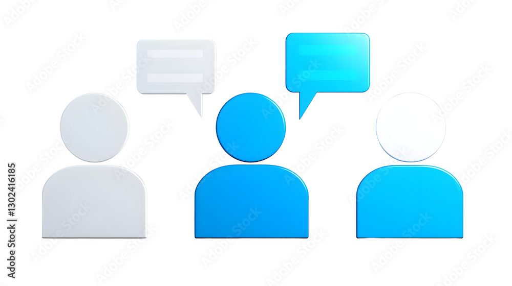 Poster Teamwork with Interactive Discussion and Networking   A 3D rendered featuring distinctively colored human figures engaged in team interactive discussions with speech bubbles