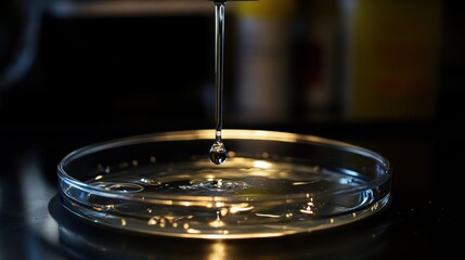 Obraz premium A petri dish, its surface shimmering under the artificial light, held a glistening drop of water, poised to plunge into its watery depths.