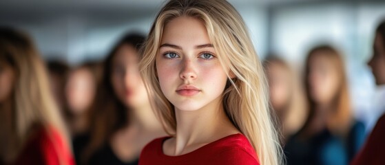 Fototapeta premium Portrait of a serene blonde teenage girl with blue eyes and freckles, wearing a red top, posing indoors with a blurred group of people in the background