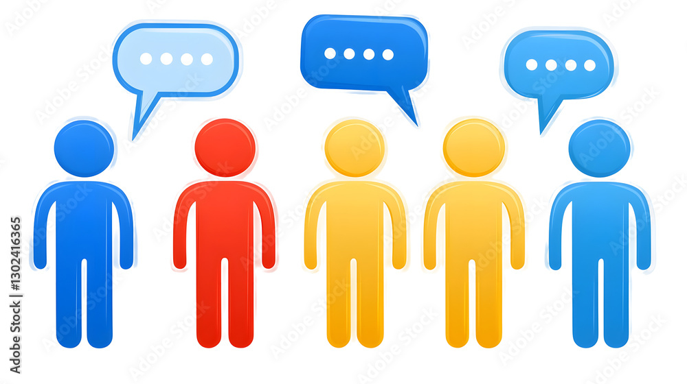 Poster vibrant 3d rendered human figures in red blue and yellow each with a floating speech bubble above th