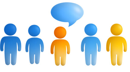 Three vibrant 3D rendered human figures in red blue and yellow each with a floating speech bubble above their heads symbolizing dialogue teamwork and The figures have a smooth rounded