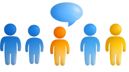 Three vibrant 3D rendered human figures in red blue and yellow each with a floating speech bubble above their heads symbolizing dialogue teamwork and The figures have a smooth rounded