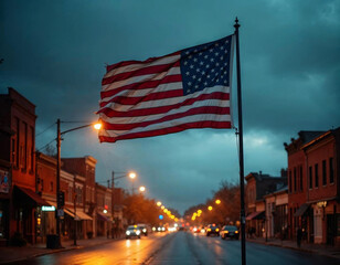 Naklejka premium American flag flying high near Wall Street, symbolizing U.S. identity and the center of financial activity and global markets. 