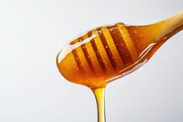 Close-Up of Wooden Spoon Dipped in Golden Honey with Dripping Liquid