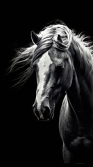 Fototapeta premium A Majestic Black and White Horse Portrait in a Dramatic Black Background
