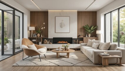 Stylish And Cozy Living Room Interior Design With Natural Light And Wooden Accents