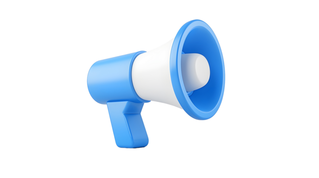 Sleek and Minimalistic 3D Blue Megaphone Icon Representing Loud Audio Announcements Volume Control and Sound Amplification  The Clean White Background Highlights the Modern Design