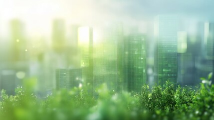 A futuristic city with skyscrapers and wind turbines, surrounded by lush greenery, symbolizes sustainable energy and future urban development, a hopeful atmosphere for eco-friendly cities