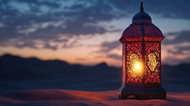 A vibrant red Arabic lantern, its intricate patterns casting a warm glow, stands against a backdrop of a moonlit desert landscape, evoking the spirit of Ramadan Kareem.