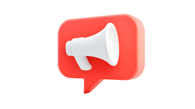 High Tech 3D Red Speech Bubble with White Megaphone Symbolizing Media Outreach Public Speaking and Digital Messaging