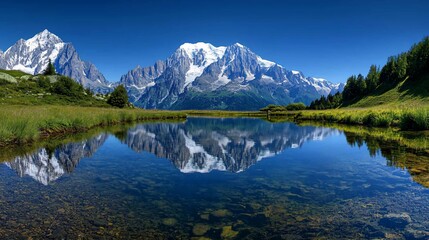 Majestic mountain reflected in pristine alpine lake.