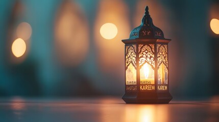 A serene Muslim lamp, its warm light casting an ethereal glow upon the words "RAMADAN KAREEM" inscribed in elegant Arabic script, against a soft and inviting light background.