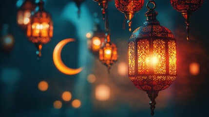 A vibrant, festive background celebrating Ramadan 2025 with a cluster of intricate hanging lanterns casting a warm glow on a crescent moon, symbolizing hope, peace, and the start of a new month.