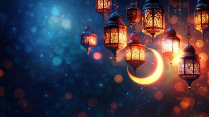 A vibrant, festive background celebrating Ramadan 2025 with a cluster of intricate hanging lanterns casting a warm glow on a crescent moon, symbolizing hope, peace, and the start of a new month.