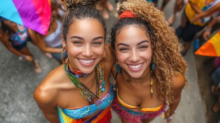 Two vibrant women smiling brightly during a lively pride celebration, dressed in colorful attire adorned with rainbow patterns, exuding joy, unity, and LGBTQ+ pride in a festive atmosphere.