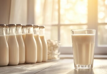 Fresh Milk in Glass with Vintage Bottles on a Wooden Table Against Bright Sunlit Window