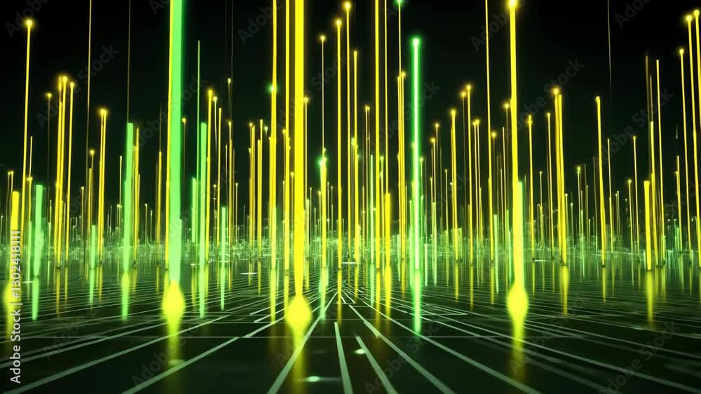 Poster futuristic digital landscape glowing green and yellow lines create abstract virtual data network res